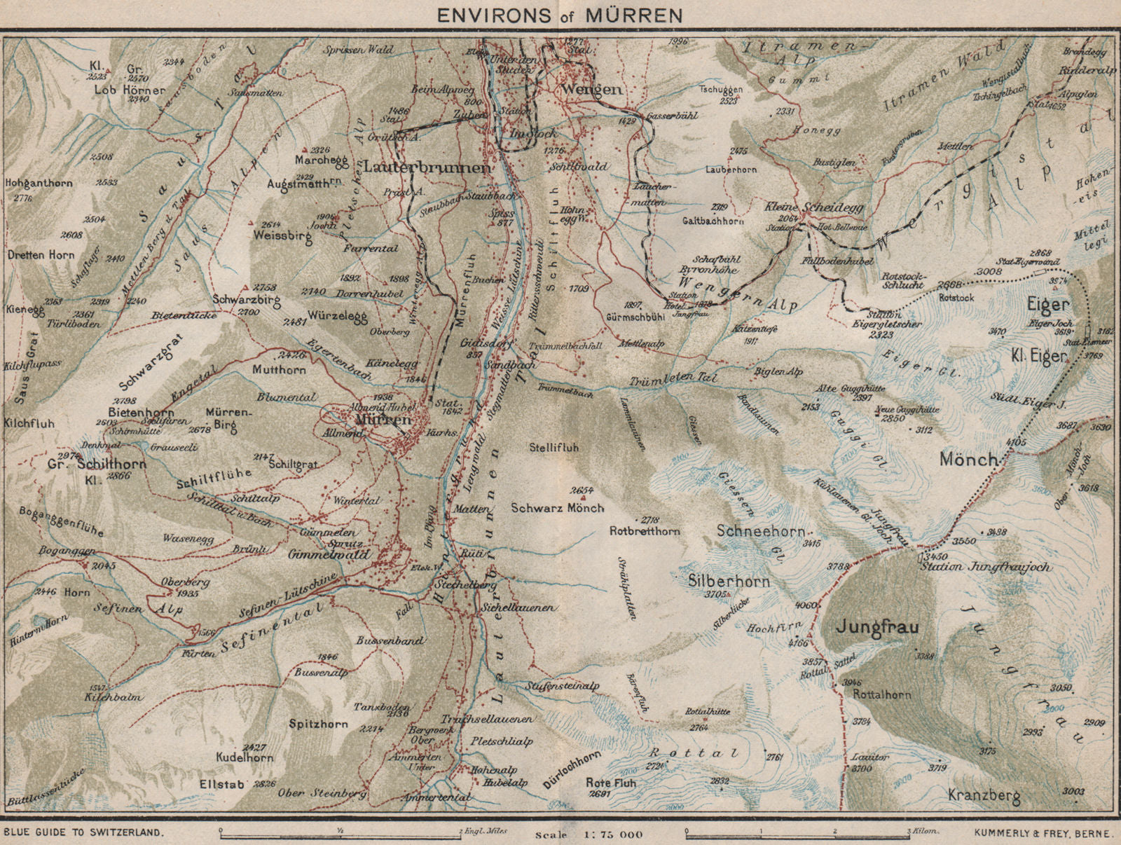MÜRREN ENVIRONS. Wengen Eiger Jungfrau Lauterbrunnen. Vintage map plan 1930
